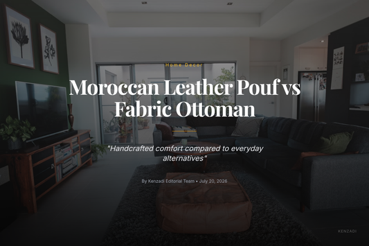 Round Moroccan leather pouf in beige with black embroidery placed in a living room
