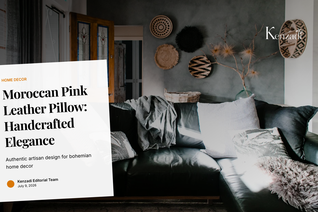 Close-up of a pink Moroccan leather throw pillow with intricate stitching on a neutral background