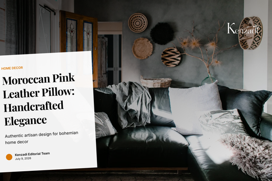 Close-up of a pink Moroccan leather throw pillow with intricate stitching on a neutral background