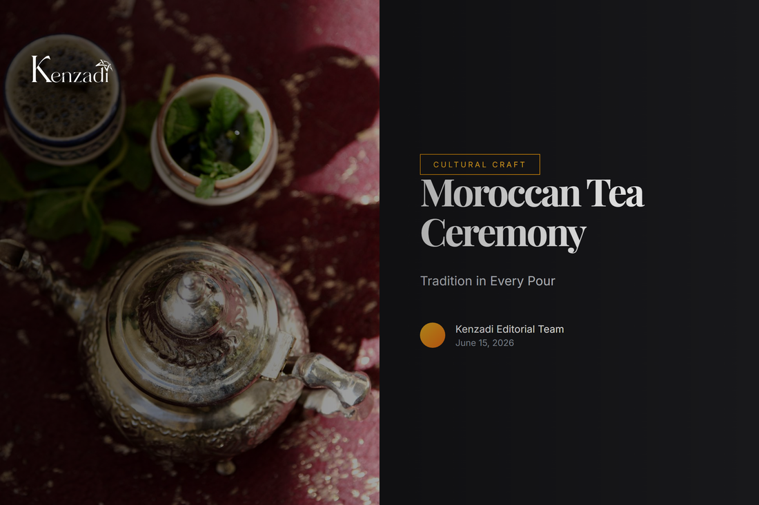 Hand-carved brass Moroccan tea pot with four cups on a woven tablecloth