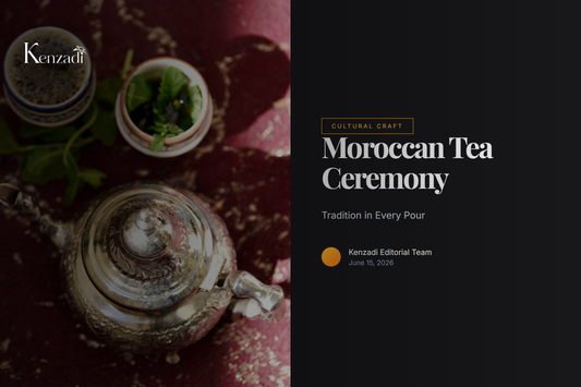 Hand-carved brass Moroccan tea pot with four cups on a woven tablecloth