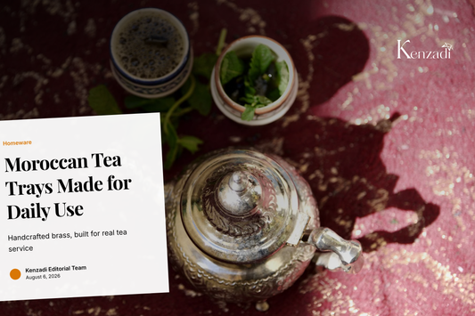 Silver-plated brass Moroccan handmade tea tray from Fez set with tea glasses