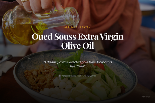 A glass bottle of vibrant green Oued Souss extra virgin olive oil poured over a salad, with olives