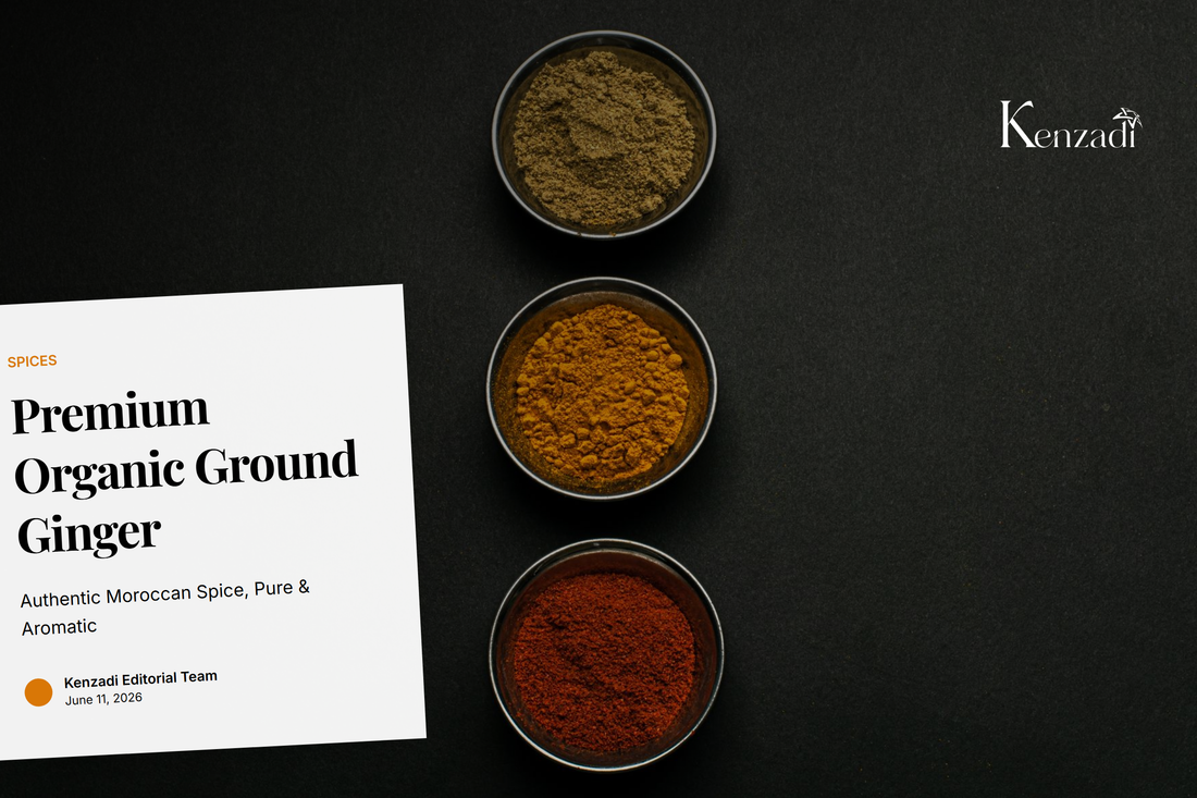 Close-up of golden organic ground ginger powder in a ceramic bowl with fresh ginger root beside it