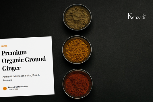 Close-up of golden organic ground ginger powder in a ceramic bowl with fresh ginger root beside it