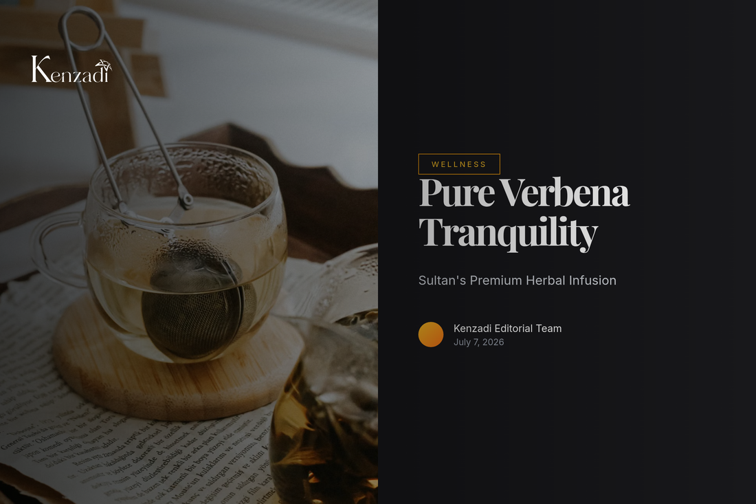 A steaming cup of verbena tea surrounded by fresh verbena leaves and a box of Sultan Pure Verbena