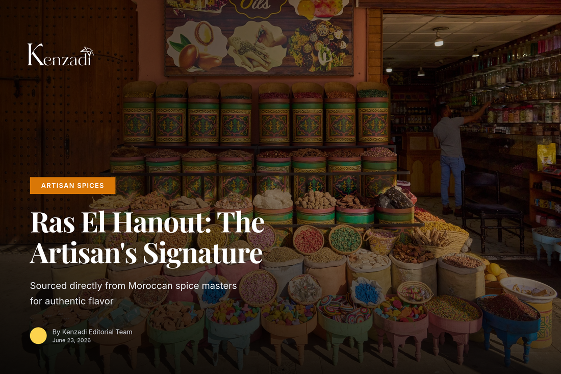 A close-up of TAYEB Ras El Hanout being poured from a glass jar into a Moroccan tagine, with