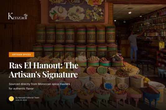 A close-up of TAYEB Ras El Hanout being poured from a glass jar into a Moroccan tagine, with