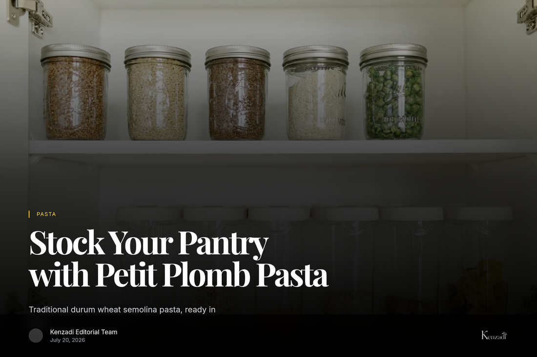 Bags of Kenz Petit Plomb traditional Moroccan durum wheat semolina pasta arranged in a pantry setting