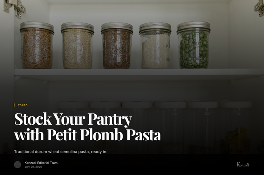 Bags of Kenz Petit Plomb traditional Moroccan durum wheat semolina pasta arranged in a pantry setting