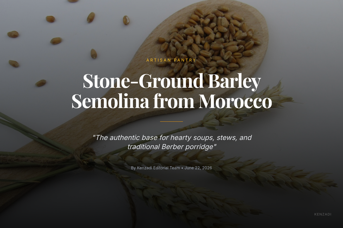 Close-up of TAYEB Tchicha medium barley semolina being poured from a wooden scoop into an earthy Moroccan clay