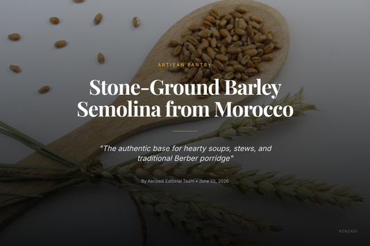 Close-up of TAYEB Tchicha medium barley semolina being poured from a wooden scoop into an earthy Moroccan clay