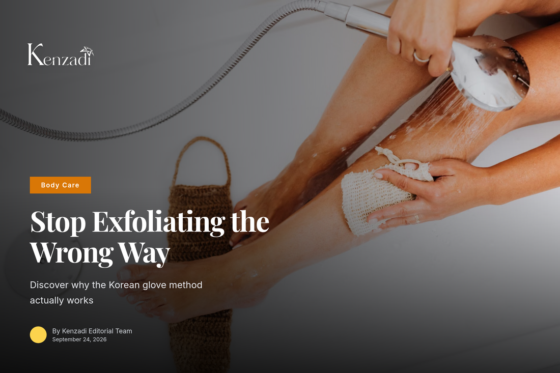 Hand wearing the Argan'it Korean exfoliating glove during a body scrub routine