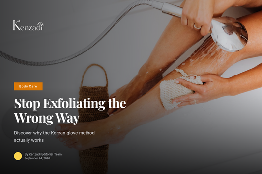Hand wearing the Argan'it Korean exfoliating glove during a body scrub routine
