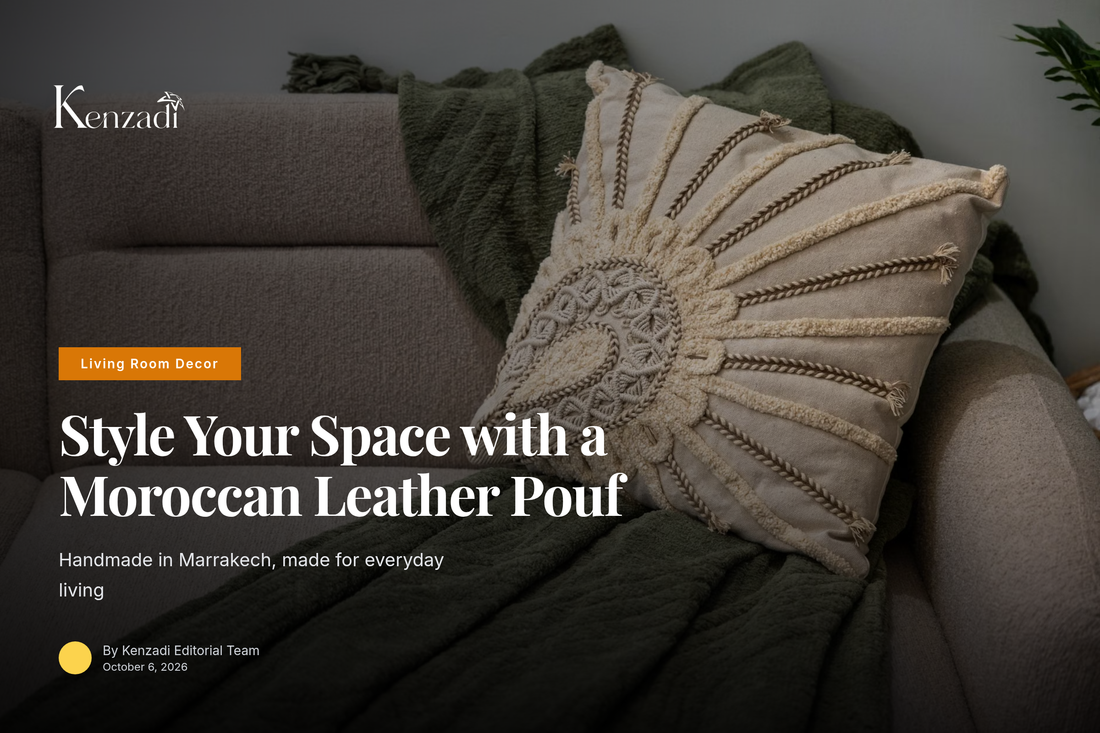 Creamy white genuine leather pouf handmade by Moroccan artisans styled in a living room