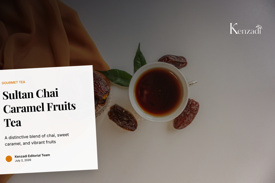 A warm cup of Sultan Chai Caramel and Fruits Tea next to a box of tea bags, with