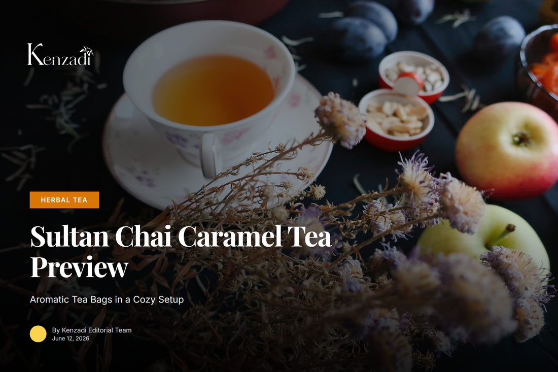A cup of Sultan Chai Caramel and Fruits Tea with tea bags arranged neatly on a wooden surface