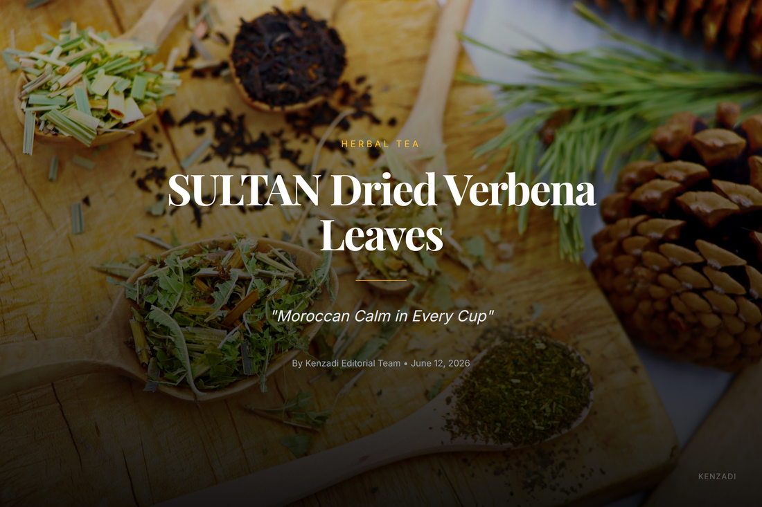 Close-up of dried green verbena leaves in a rustic wooden bowl with a traditional Moroccan teapot and teacup