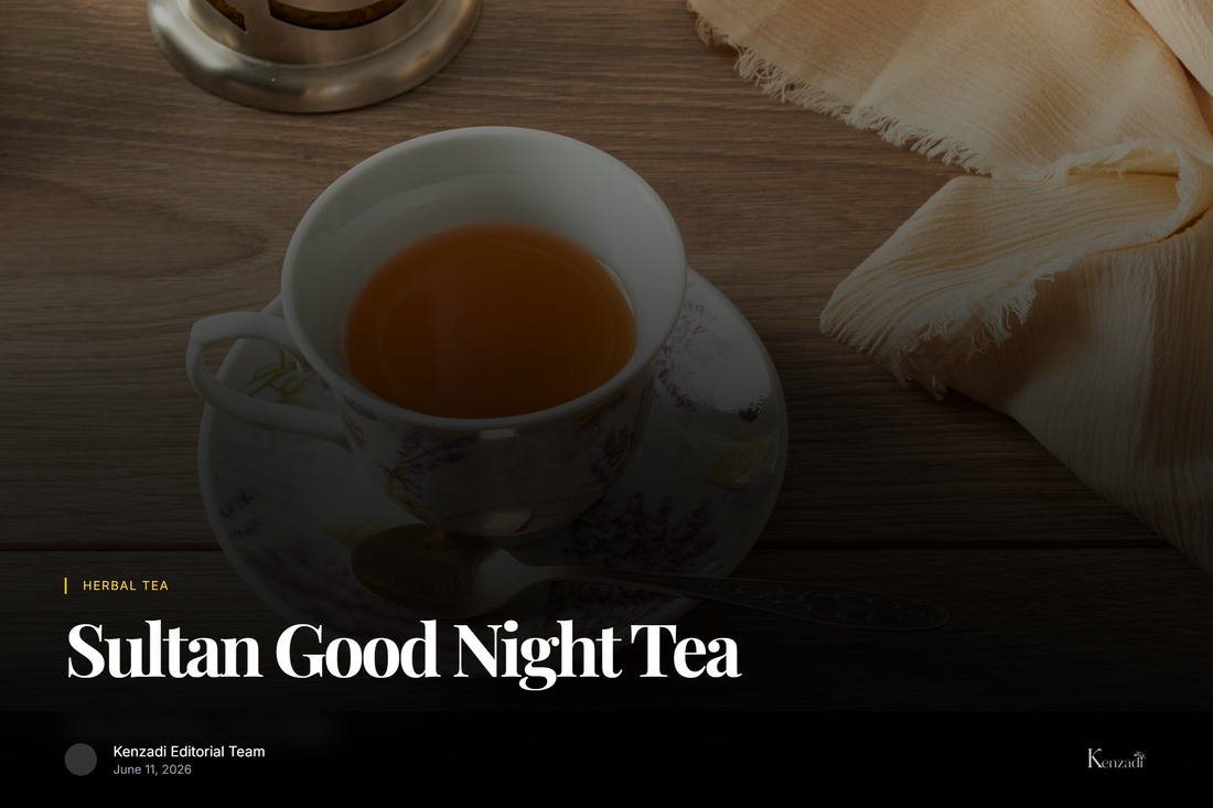 A cup of Sultan Good Night Tea with steam rising, next to a box of 20 tea bags