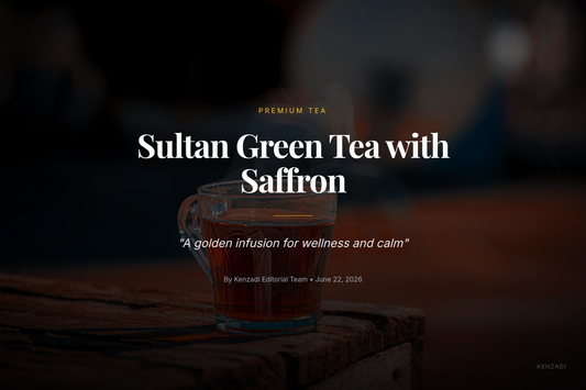 A close-up of a clear glass cup filled with golden saffron green tea, steam rising, beside a box