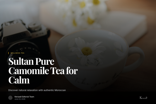A close-up of a steaming cup of golden camomile tea with dried camomile flowers beside it on a