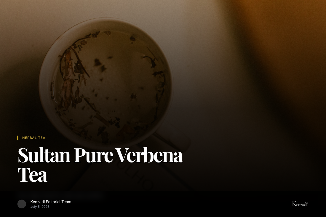 A warm cup of Sultan Pure Verbena Tea with tea bags and fresh verbena leaves on a wooden