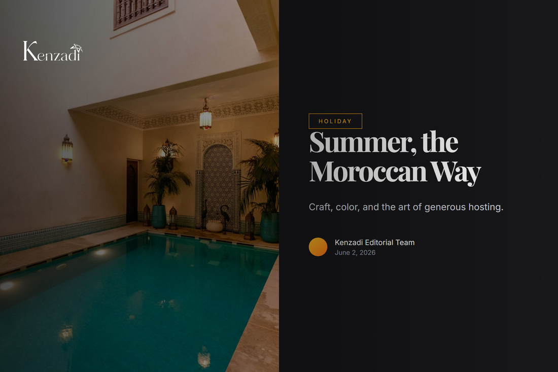 A Moroccan courtyard terrace at dusk with leather cushions, lanterns, and mint tea arranged for summer entertaining