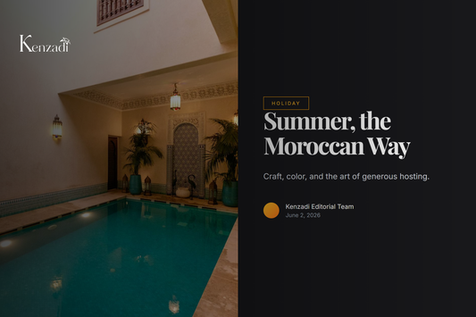 A Moroccan courtyard terrace at dusk with leather cushions, lanterns, and mint tea arranged for summer entertaining