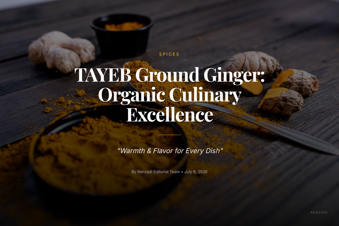 Close-up of golden TAYEB organic ground ginger powder in a rustic bowl with a small wooden spoon, surrounded