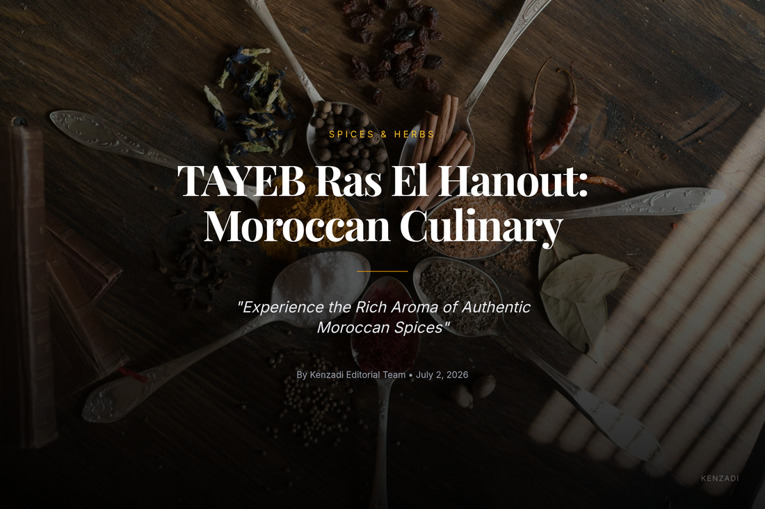 A close-up of a bowl of rich, reddish-brown Ras El Hanout spice blend with whole spices like star