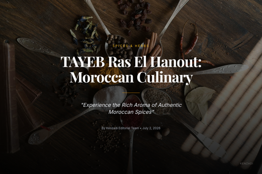 A close-up of a bowl of rich, reddish-brown Ras El Hanout spice blend with whole spices like star