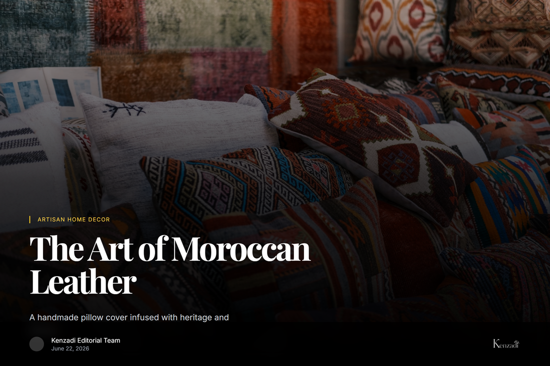 A rich brown Moroccan leather pillow with geometric embossing resting on a neutral linen sofa in a bohemian-style