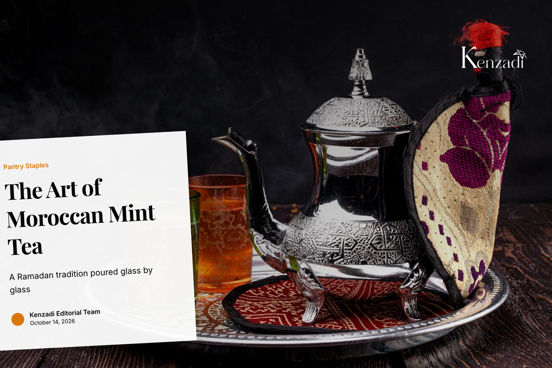 Glasses of Moroccan mint tea poured beside a bag of Sugar Kaleb 2 Kg white sugar