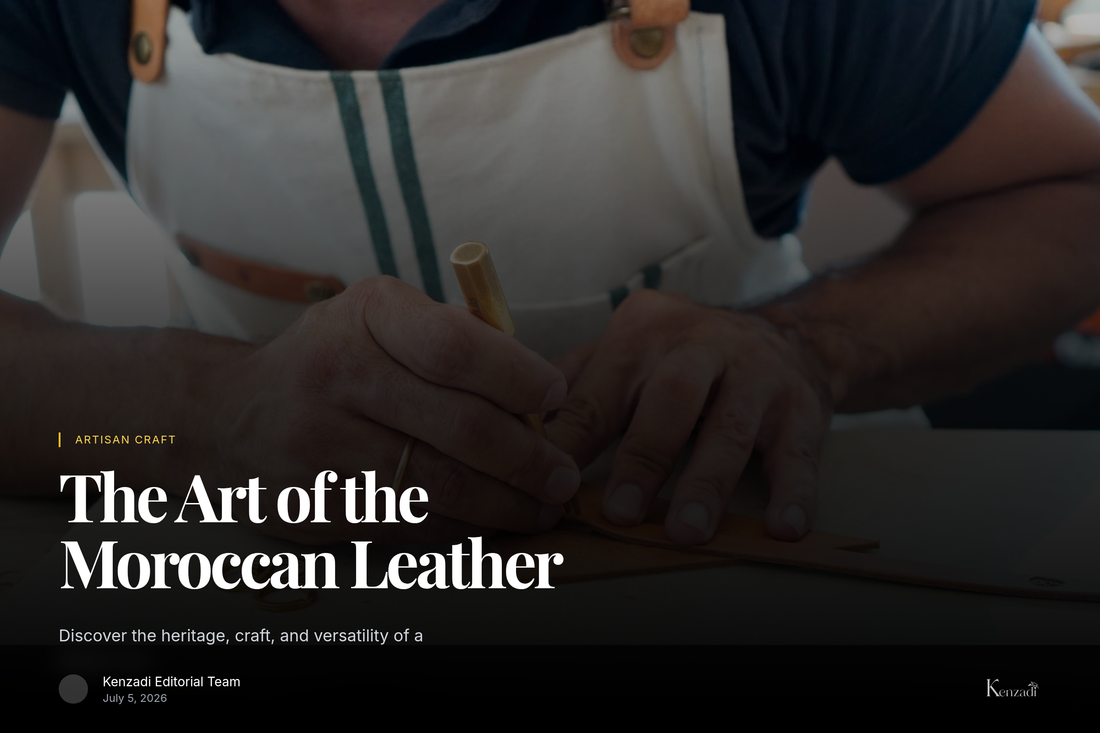 Close-up of a hand-embroidered Moroccan leather pouf next to a pair of artisan's hands working on leather