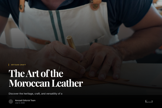 Close-up of a hand-embroidered Moroccan leather pouf next to a pair of artisan's hands working on leather