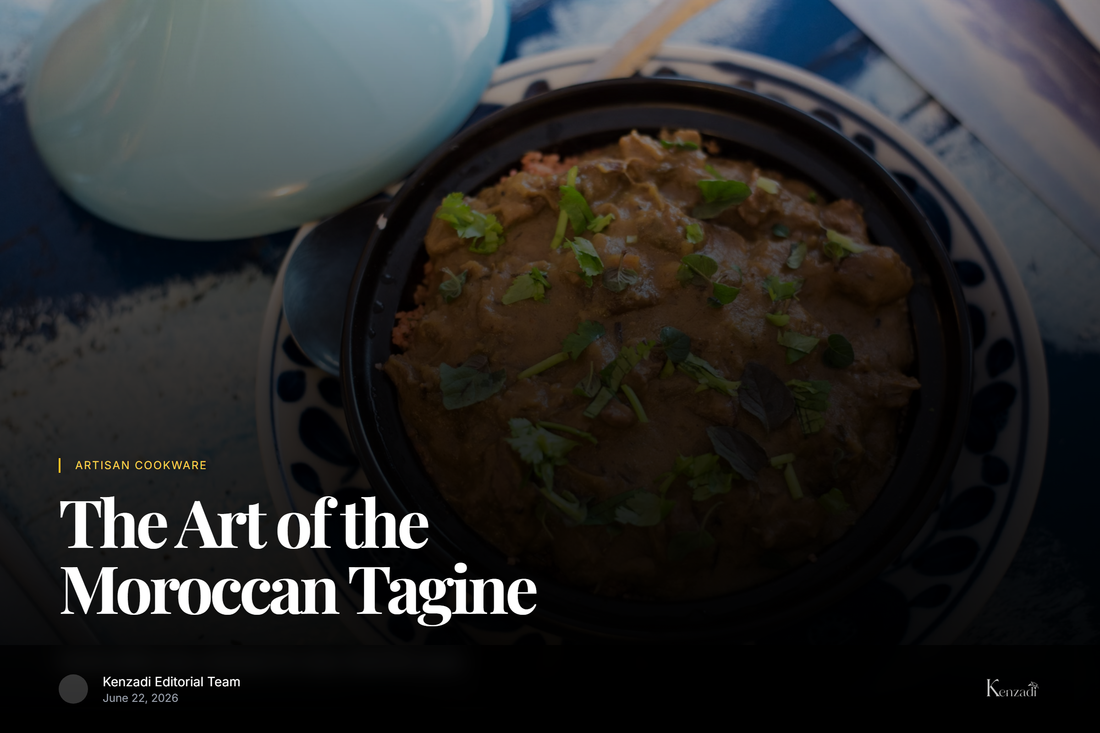 A traditional Moroccan clay tagine with a conical lid, filled with a savory stew, sitting on a rustic