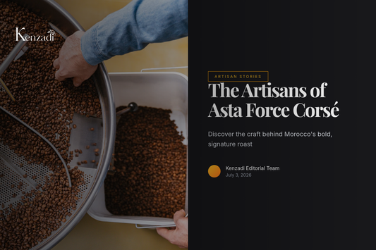 An artisan's hands roasting coffee beans in a traditional drum roaster, with bags of green coffee in the