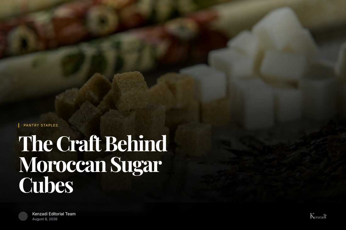 Golden Moroccan sugar cubes from Enmer arranged near a glass of mint tea