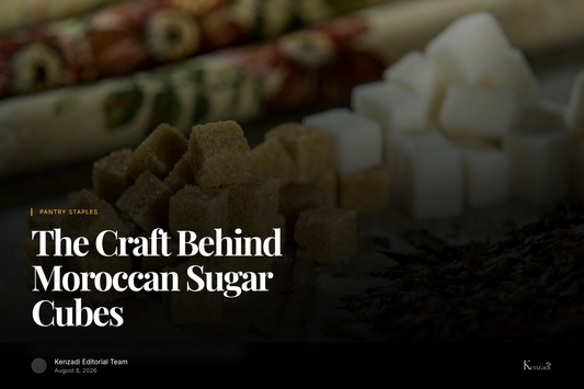 Golden Moroccan sugar cubes from Enmer arranged near a glass of mint tea