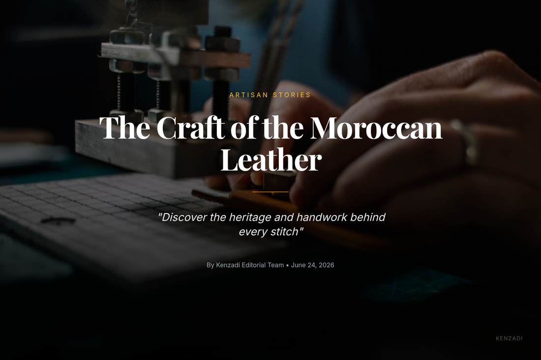 A close-up of an artisan's hands tooling a geometric pattern onto a soft, natural-toned leather pouf in a