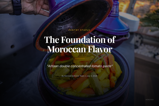 A close-up of a Moroccan tagine pot with a spoonful of rich, dark red tomato paste being stirred