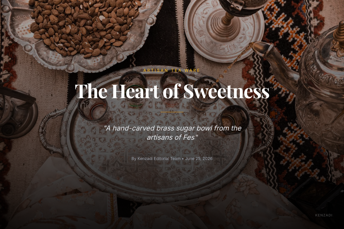 A traditional silver-plated Moroccan brass sugar bowl with intricate engravings, placed on a wooden tea tray beside a