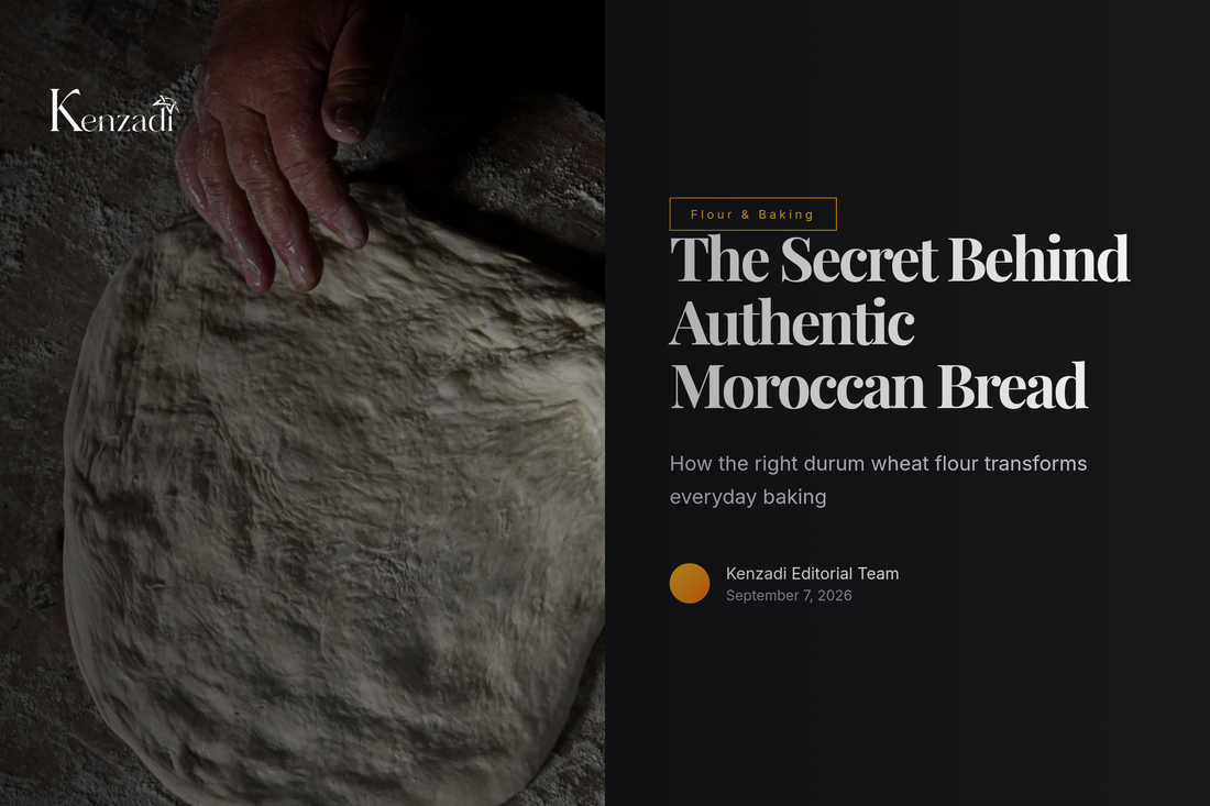 Bag of Kenz Finot Premium Moroccan Durum Wheat Flour beside fresh khobz bread