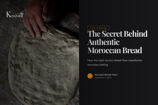 Bag of Kenz Finot Premium Moroccan Durum Wheat Flour beside fresh khobz bread