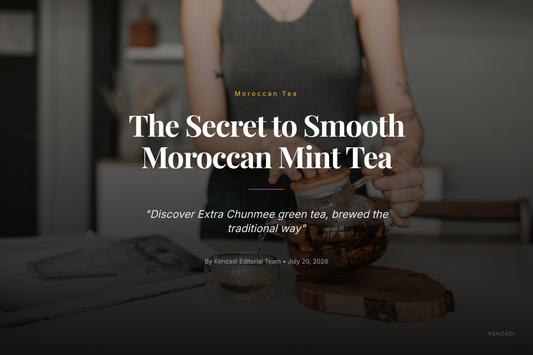 Glass of Moroccan mint tea poured beside Al Mohajer Extra Chunmee green tea leaves
