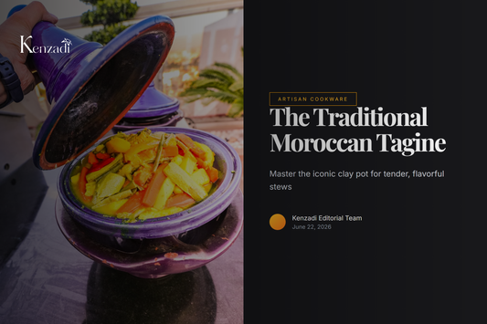 A traditional unglazed clay Moroccan tagine with a conical lid, placed on a table with colorful spices and