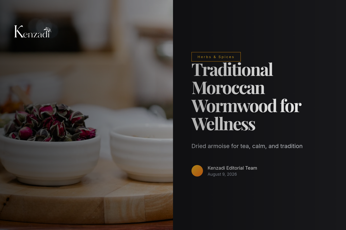 Dried Moroccan wormwood (armoise/shih) leaves in a bowl, used for Tayeb's 50g chiba product