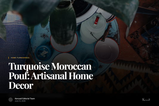 Close-up of a vibrant turquoise Moroccan leather pouf with intricate beige embroidery in a stylish living room setting.