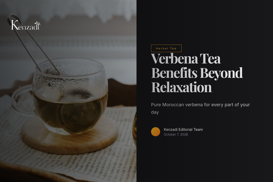 Box of Sultan Pure Verbena Tea with 20 tea bags next to a steaming cup