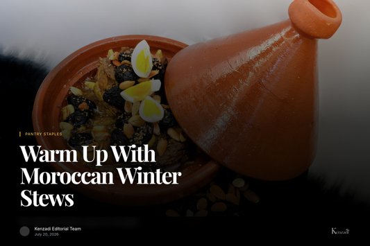 Jar of Aicha double concentrated tomato paste beside a simmering Moroccan winter stew